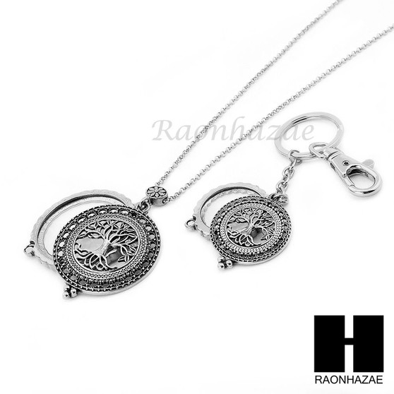 Silver 5X Magnifying Glass Tree of Life Key Chain Pendant Chain Necklace Set S4S