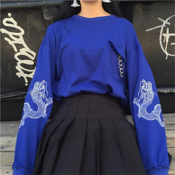 Harajuku Style Dragon Print Loose Sleeve Sweatshirt [2 Colors] #JU2000