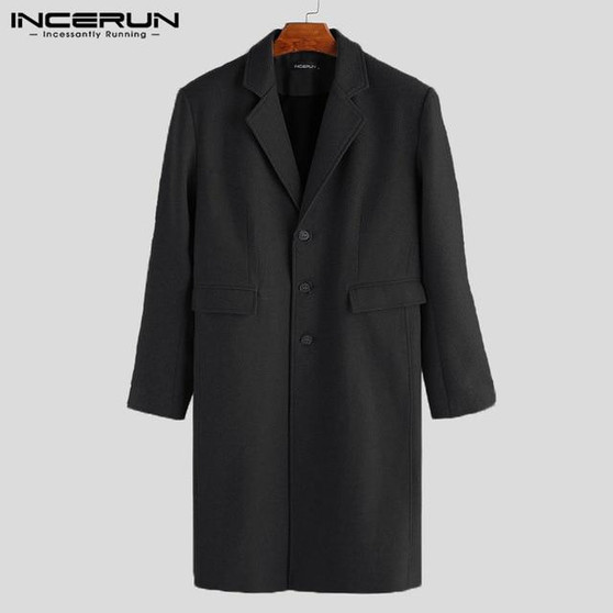 INCERUN Winter Men Coats Woolen Solid Long Sleeve Jackets Fleece Men Overcoats Streetwear Fashion Long Trench Outerwear 2020 5XL