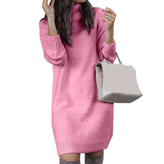 Turtleneck Long Sleeve Sweater Dress Women Autumn Winter Loose Tunic Knit Pullovers Sweater Casual Knitted Dresses