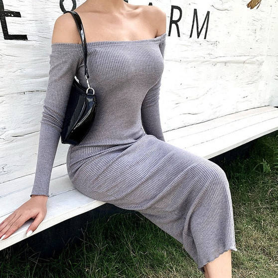 Knitted Off Shoulder Bodycon Long Dress