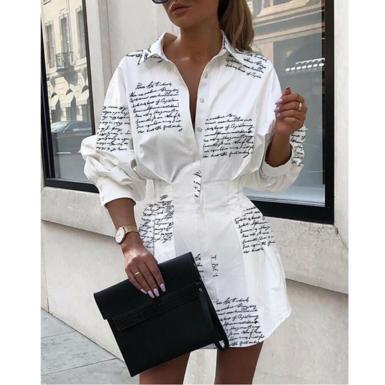 Women Dress Long Sleeve Pineapple Shirt Dress Letter Print Mini Ladies Dresses Women's Sundress Tunic Fashion Petticoat