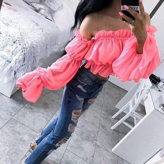 Womens Chiffon Long Puff Sleeve Off Shoulder Crop Tops Blouses Loose Casual BlouseShirt Top