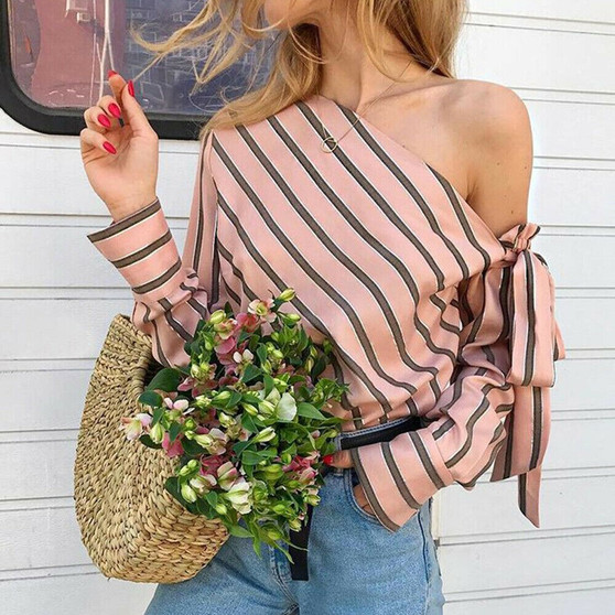 Fashion Women Casual Loose Long Sleeve Shirt Tops Striped  Off Shoulder Blouse Bowknot Blouses