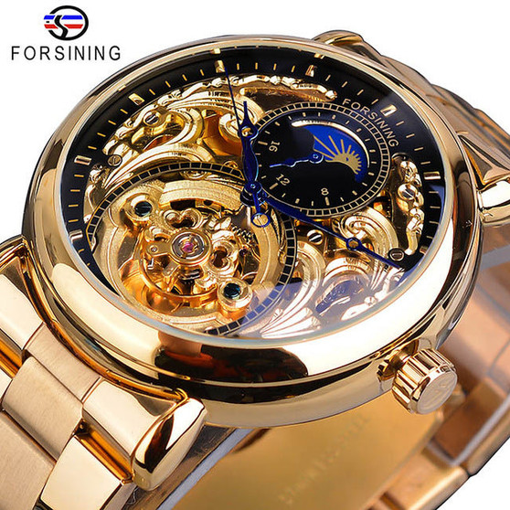 Automatic Mechanical Business  Men's Golden Moon Phase Steel Watch