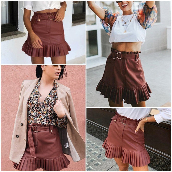 Sash Belt Pu Leather Women Skirt Ruffled High Waist Mini Skirt