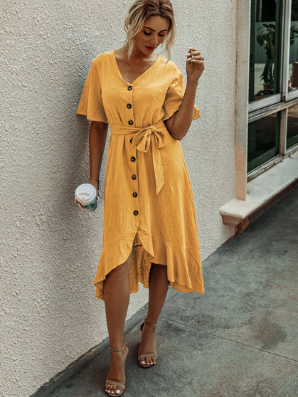 Ruffled V Neck Short Sleeve Button Belted Dress