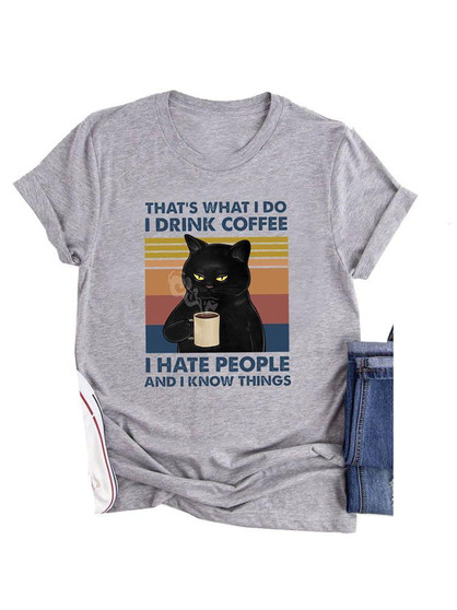 Women's Coffee Cat Print Casual Loose T-Shirt