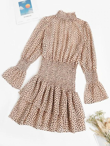 Smocked Spotted Print Poet Sleeve Layered Dress
