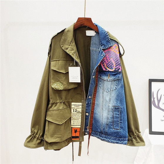 High Quality Lapel Long Sleeve Fake Two Piece Denim Patchwork Vintage Coat Women Jacket Women AH65009L