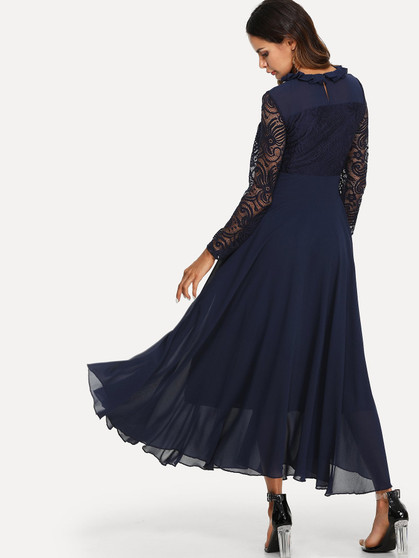 Lace Panel Sleeve Pleated Modest Dress