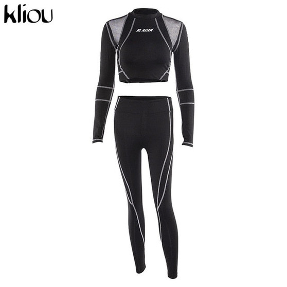 Kliou women fitness sporting two pieces set letter print turtleneck top leggings striped patchwork 2020