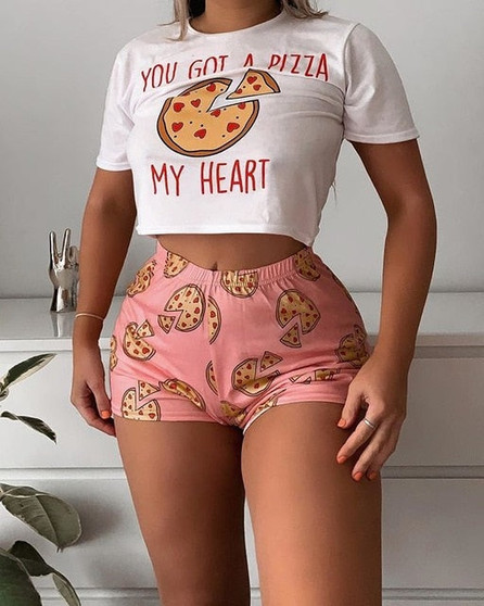 BKLD Women Sets Pizza Pattern Print Tracksuits Short Sleeve Crop Tops +Shorts Sets Women Outfits Summer Two Piece Matching Sets
