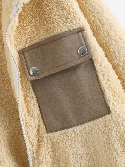 Faux Fur Flap Pocket Fluffy Zip Jacket