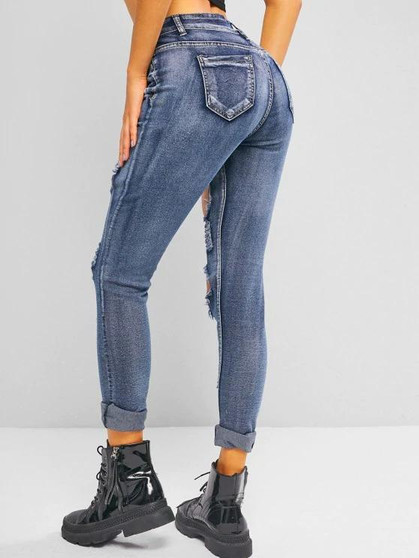 Distressed Ripped Mid Waist Skinny Jeans