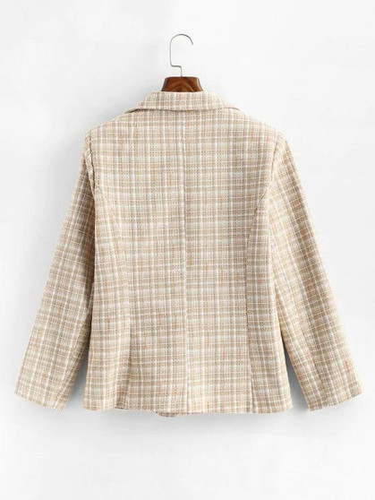 One Buttoned Pockets Plaid Tweed Blazer
