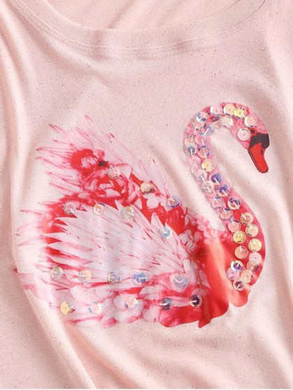 Glittery Sequined Swan Print Tee