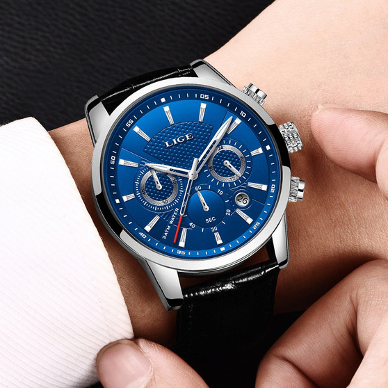 LIGE Mens Watches Gift Top Luxury Brand Waterproof Sport Watch Chronograph Quartz Military Genuine Leather Relogio Masculino