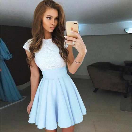 Lace Dress Beach Summer Women Dress 2018 Cute Flare Belt Short Sleeve Dresses