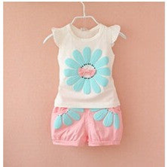 Fashion toddler baby girls summer clothing sets bow sunflower girls summer clothes set kids casual sport suit set