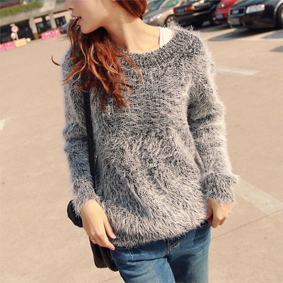 Autumn Winter Women Sweater Warm Mohair O Neck Women Pullover Long Sleeve Casual Loose Sweater Knitted Tops