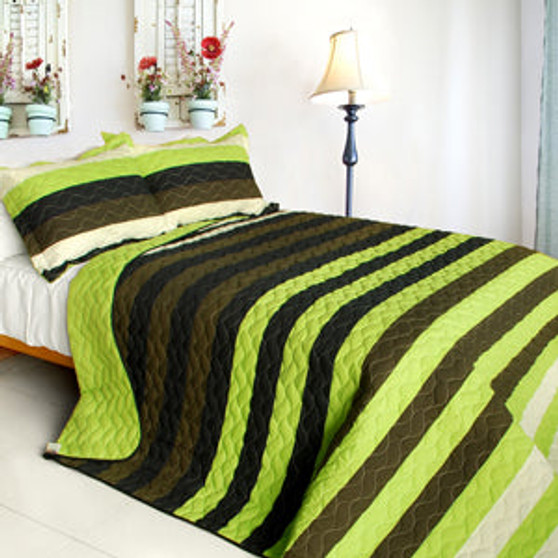 [Olive] 3PC Vermicelli-Quilted Patchwork Quilt Set (Full/Queen Size)