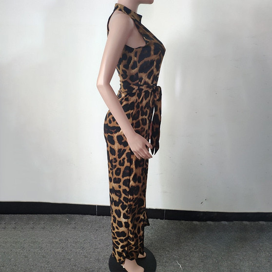 Sexy Leopard Print Shoulder Halter Split Jumpsuits