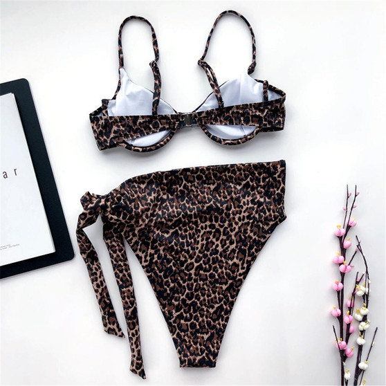 Sexy Leopard Printed Push Up High Waist Belted Bikini