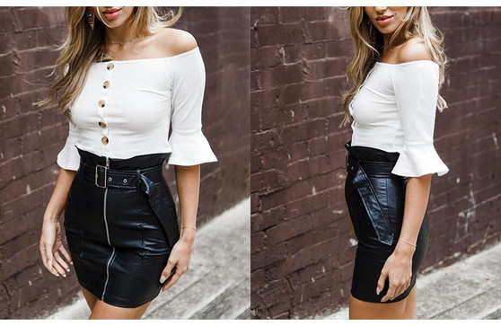 High waist pu leather Sash zipper pencil mini skirt