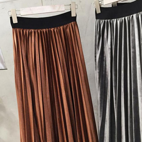 Long Metallic Silver Maxi Pleated Midi Skirt
