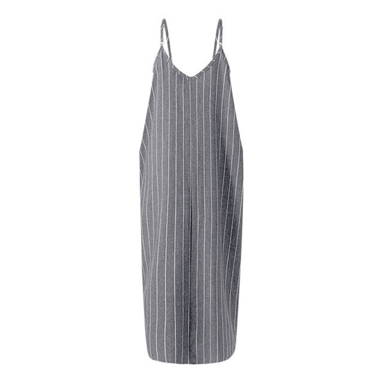 V Neck Loose Cotton Linen  Striped Maxi Long Dress