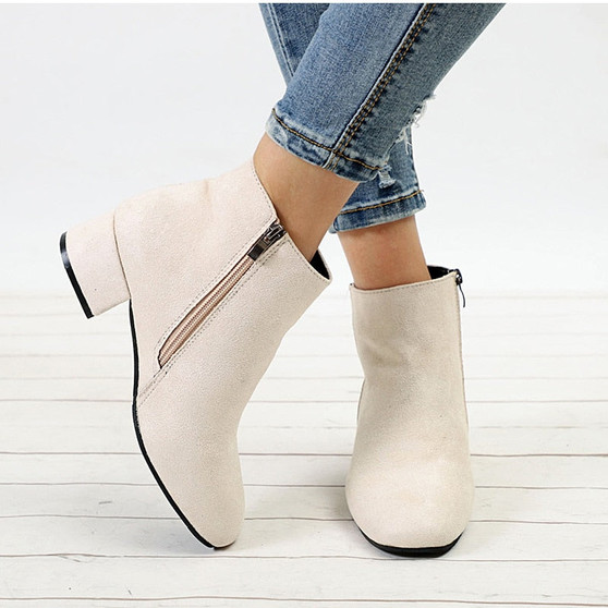 Ankle Boots Flock Low Heel Zipper Casual Short Boot