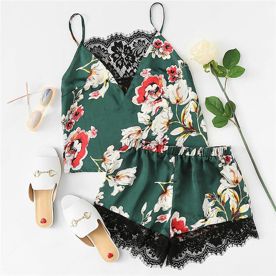 Floral Print Lace Cami & Shorts Satin Pajama Set