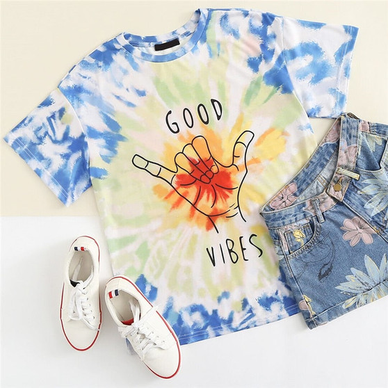 Graphic Letter Print Tie Dye Short Sleeve Women T-shirt