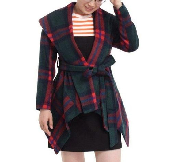 Women Winter Wool Jacket Coat Vintage Turn Down Shawl Collar Plaid