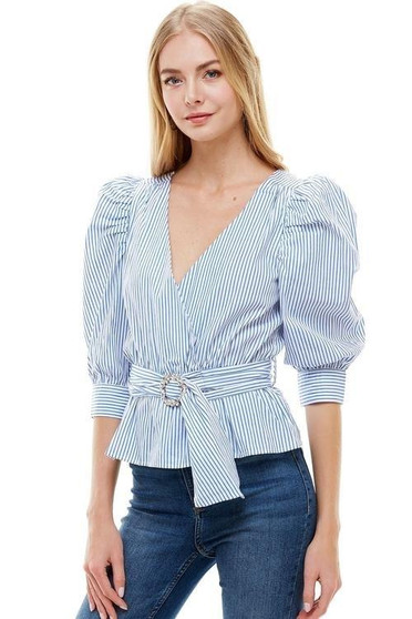 Stripe Puff Sleeves Jewel Belted Surplice Blouse