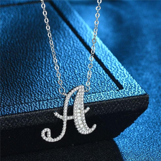 Women's 925 Sparkling Silver CZ Pave Letter Pendant Necklace