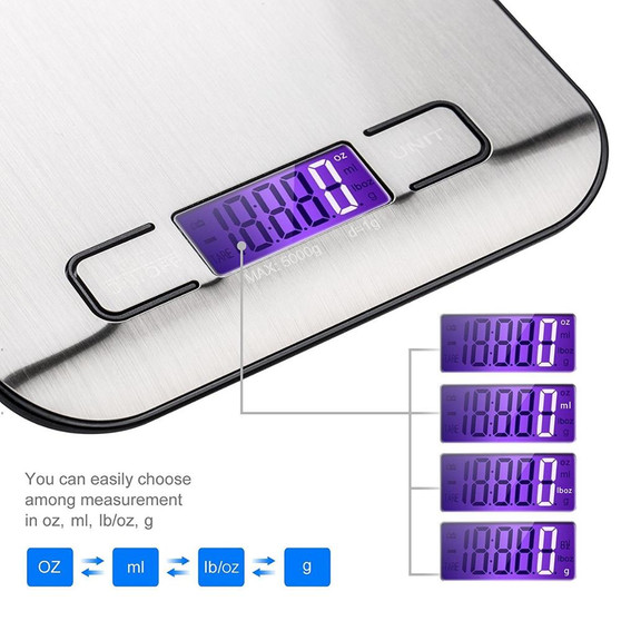 Digital Multi-function Food Stainless Steel Kitchen Scale Stainless Steel 11lb 5kg Stainless Steel Platform with LCD Display (Silver)