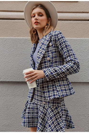 Double-breasted plaid blue blazer