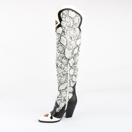 Over the knee cowgirl serpent print boots