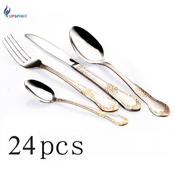 Upspirit 24pcs Gold Plated Cutlery Set Dinner Knives Fork Set Stainless Steel Novelty Flatware Dinnerware Tableware Dinner Set