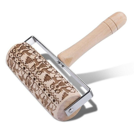 Embossed rolling pin for baking christmas cookies with handle