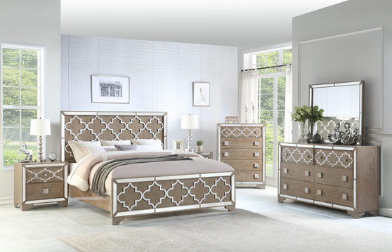 Ivony Collection IVONY QUEEN BED SET 6-Piece Bedroom Set with Queen Size Bed, Dresser, Mirror, Chest and 2 Nightstands in Tan