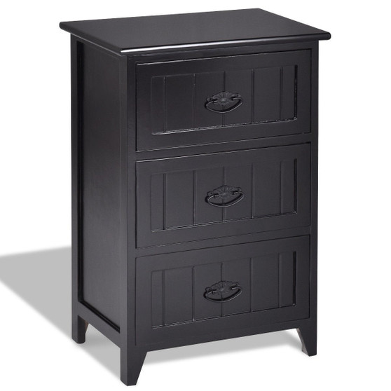 3 Drawers End Storage Wood Side Nightstand-Black