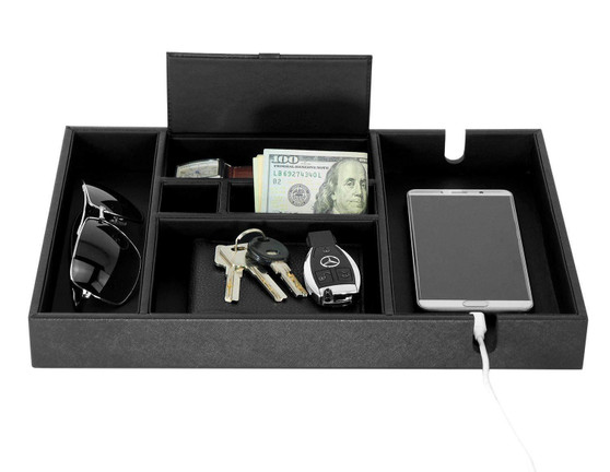 Lifomenz Co Mens Valet Tray with Charging Station Nightstand Dresser Organizer,Mens Catchall Tray for Keys Phone Wallet Coin Jewelry Sunglasses Watch