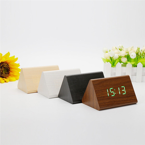 Modern Triangle LED Wooden Alarm Clock Classical Digital Sound Control Desk Clock Thermometer