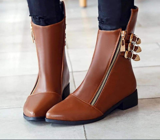 Martin Motorcycle Boots Cool Buckle Zipper Pointed Toe Shoes Woman Chunky Heel Short Ankle Boots