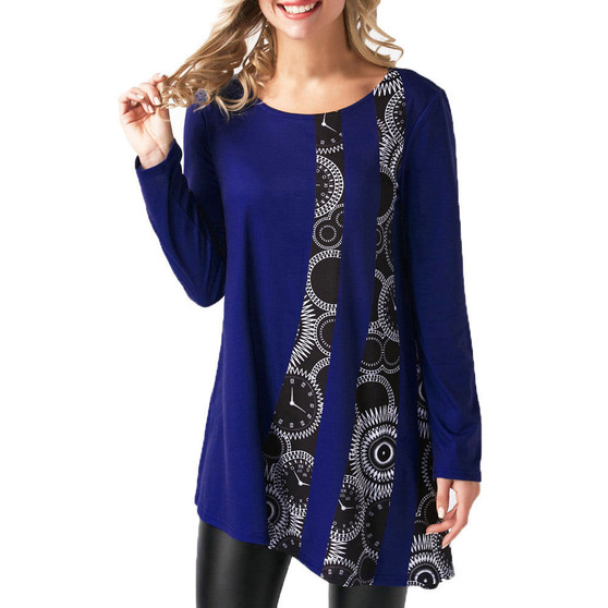 Print Patchwork Long Sleeve T-Shirt O-neck Pullover Blouse Tops