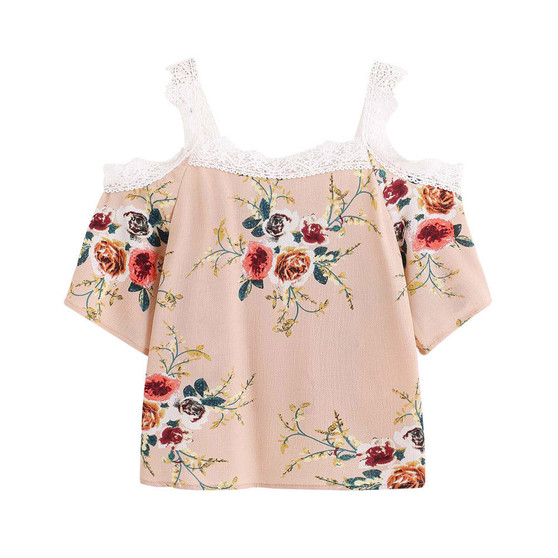 Women Short Sleeve Off Shoulder Lace Floral Blouse Casual Tops T-Shirt