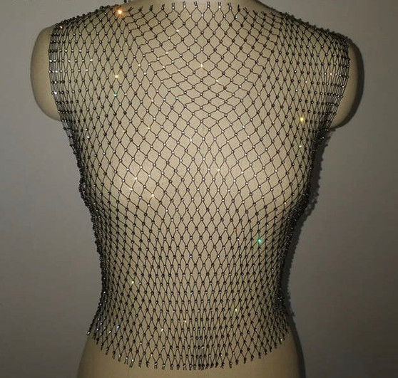 Festive Sheer mesh fishnet diamond rhinestone detail crop top